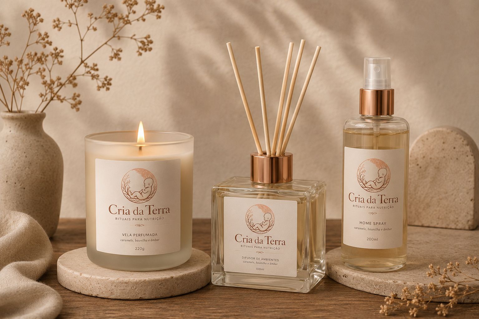 Linha Aromática Cria da Terra — Vela Perfumada, Difusor de Ambientes e Home Spray